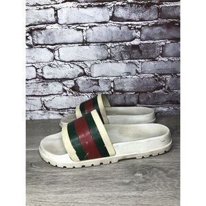 GUCCI Web White Rubber Logo Casual Slides Designer Sandals Men’s Sz 11M US/44EU